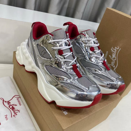 CHRISTIAN LOUBOUTIN 26S LOUBISHARK SNEAKER IN SILVER METALLIC & RED MESH