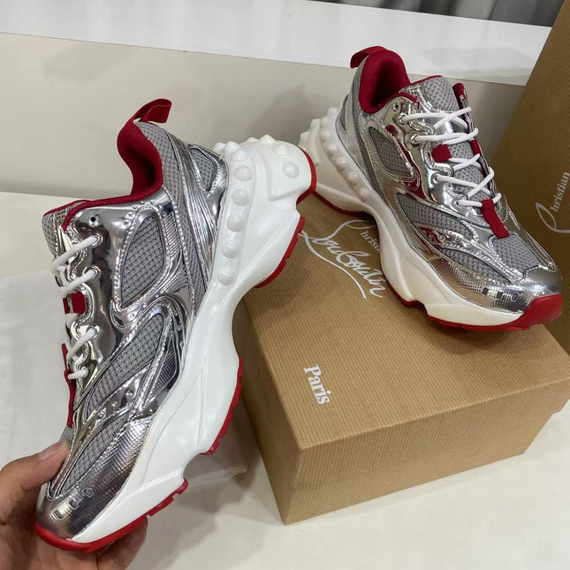 CHRISTIAN LOUBOUTIN 26S LOUBISHARK SNEAKER IN SILVER METALLIC & RED MESH