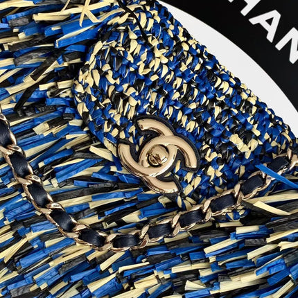 CHANEL 26S MINI TOP HANDLE BAG IN BLUE FRINGED TWEED