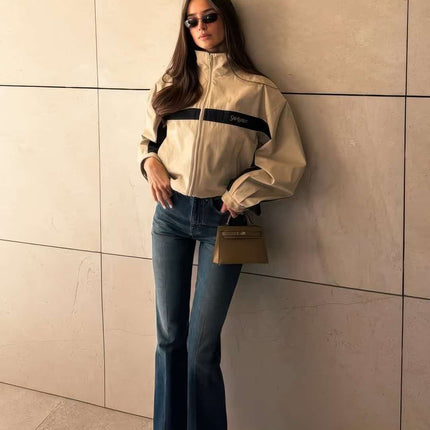 YSL 26S ZIP-UP JACKET IN BEIGE & NAVY COTTON