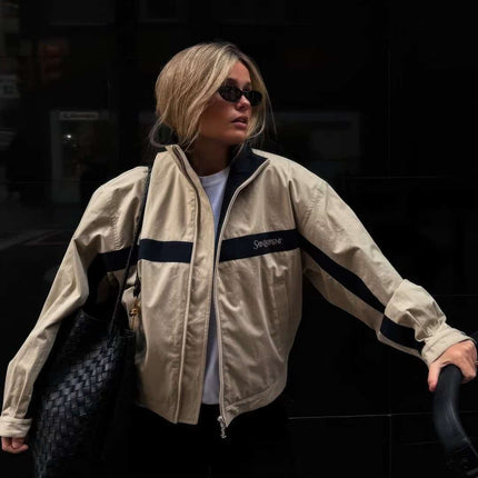 YSL 26S ZIP-UP JACKET IN BEIGE & NAVY COTTON