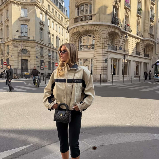 YSL 26S ZIP-UP JACKET IN BEIGE & NAVY COTTON