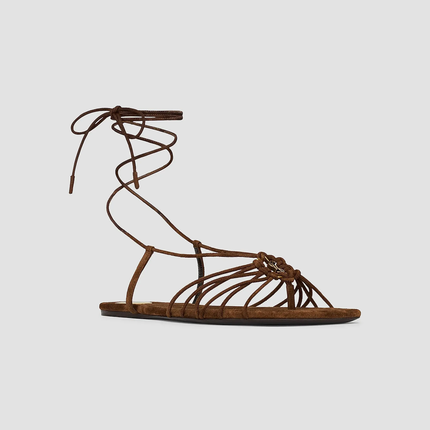 YSL 26S CASSANDRE LACE-UP SANDALS IN BROWN SUEDE