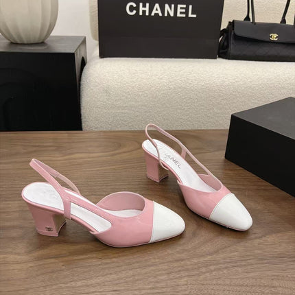 CHANEL  TWO-TONE SLINGBACK HEELS 55MM IN PINK AND WHITE CALFSKIN