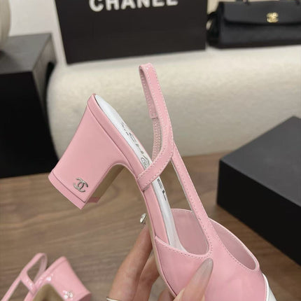 CHANEL  TWO-TONE SLINGBACK HEELS 55MM IN PINK AND WHITE CALFSKIN