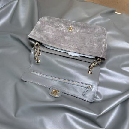 CHANEL 26S CLASSIC FLAP BAG IN LIGHT GREY SUEDE