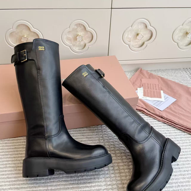 MIU MIU 26S KNEE-HIGH RIDING BOOTS IN BLACK CALFSKIN