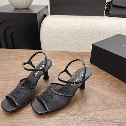 CHANEL 26S CC LOGO SLINGBACK SANDALS IN BLACK CANVAS