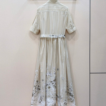DIOR 26S STRIPED FLORAL HEM SHIRT DRESS IN WHITE & BEIGE COTTON