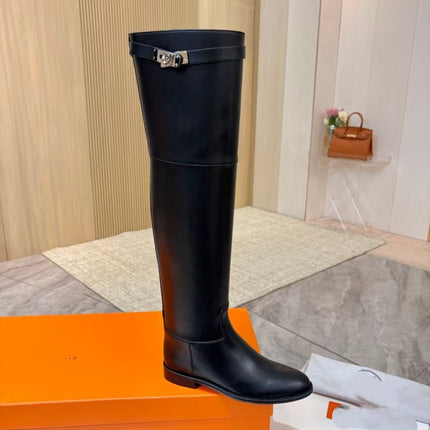 HERMES 26S HIGH BOOTS IN BLACK CALFSKIN SILVER HARDWARE