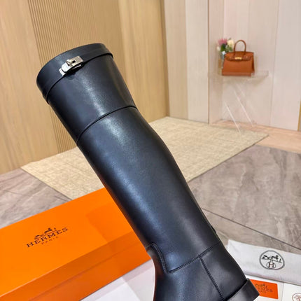HERMES 26S HIGH BOOTS IN BLACK CALFSKIN SILVER HARDWARE