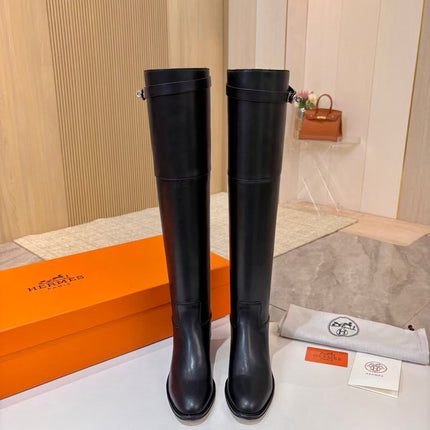 HERMES 26S HIGH BOOTS IN BLACK CALFSKIN SILVER HARDWARE