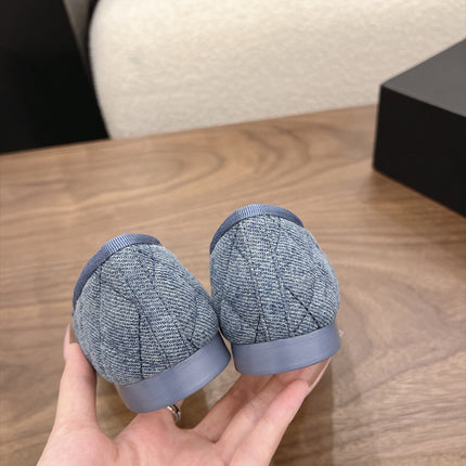 CHANEL 26S BALLET FLATS IN BLUE DENIM WITH CC LOGO & BOW DETAIL
