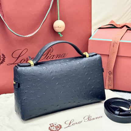LORO PIANA 26S TOP HANDLE BAG IN BLACK OSTRICH LEATHER