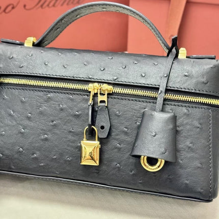 LORO PIANA 26S TOP HANDLE BAG IN BLACK OSTRICH LEATHER