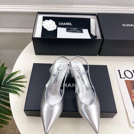 CHANEL 26S POINTED TOE HIGH HEELS 55 MM IN METALLIC SILVER LAMBSKIN