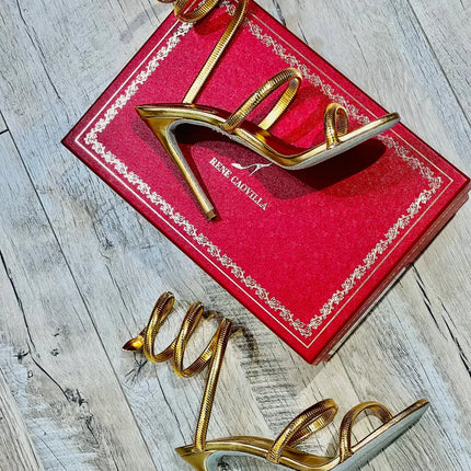 RENE CAOVILLA 26S STILETTO SANDALS 95 MM IN METALIC GOLD 01