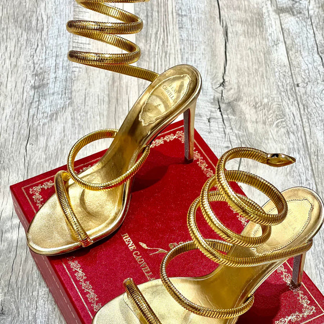 RENE CAOVILLA 26S STILETTO SANDALS 95 MM IN METALIC GOLD 01