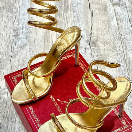 RENE CAOVILLA 26S STILETTO SANDALS 95 MM IN METALIC GOLD 01
