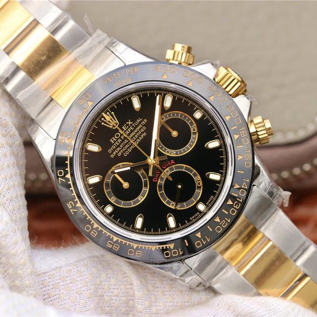 DAYTONA 40MM GOLD STEEL BLACK BEZEL BLACK DIAL