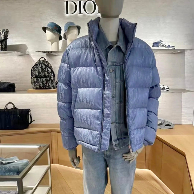Dior Oblique Down Jacket Blue Jacquard Fabric