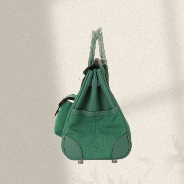 BIRKIN CARGO 25CM GREEN CANVAS AND LEATHER SILVER HARDWARE