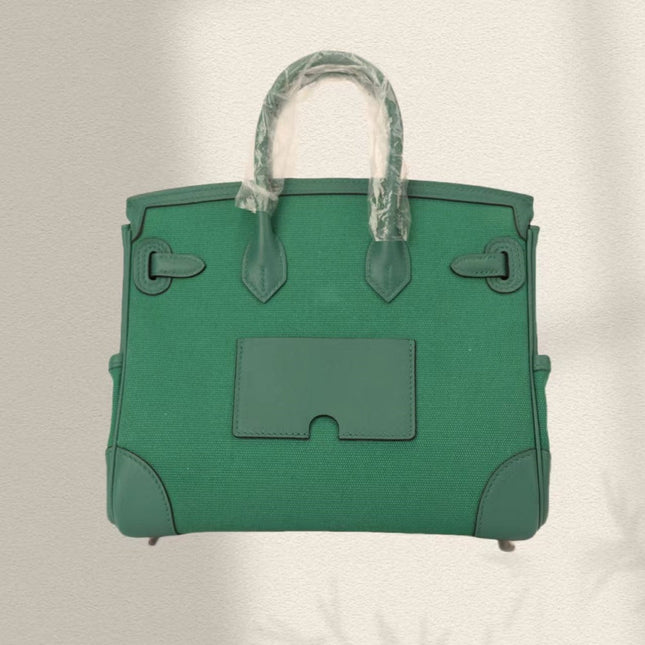 BIRKIN CARGO 25CM GREEN CANVAS AND LEATHER SILVER HARDWARE
