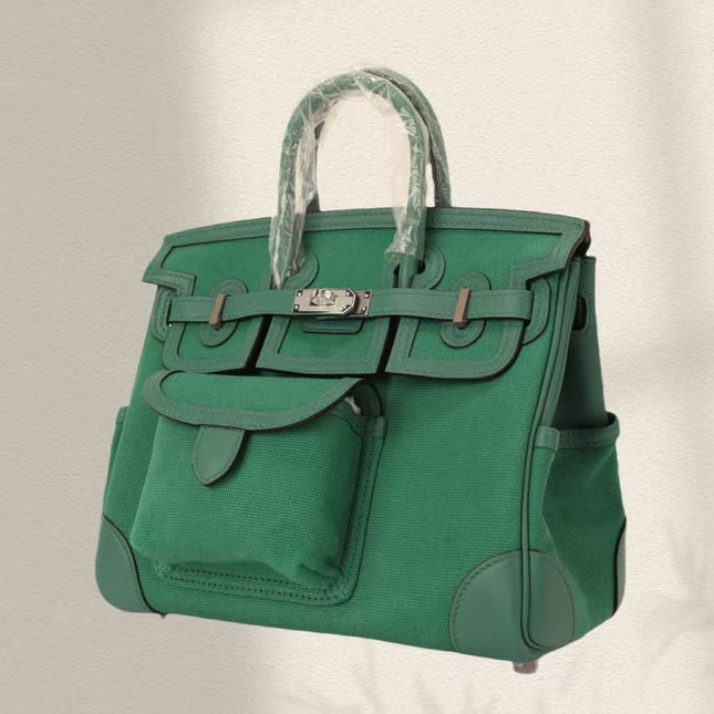 BIRKIN CARGO 25CM GREEN CANVAS AND LEATHER SILVER HARDWARE