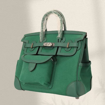 BIRKIN CARGO 25CM GREEN CANVAS AND LEATHER SILVER HARDWARE