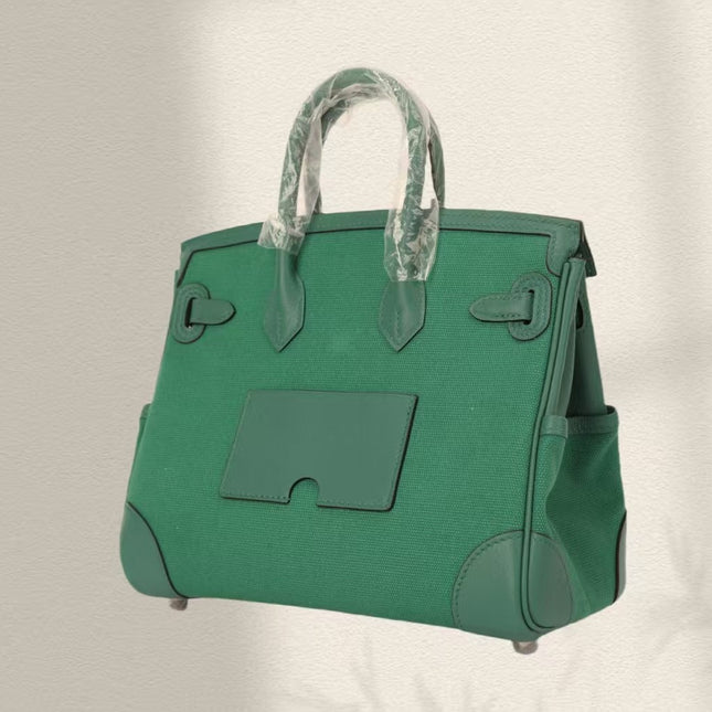 BIRKIN CARGO 25CM GREEN CANVAS AND LEATHER SILVER HARDWARE