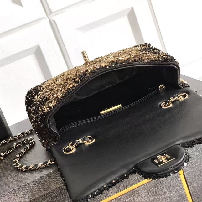 CC 20 SEQUINS FLAP BAG IN BLACK MIX BROWN