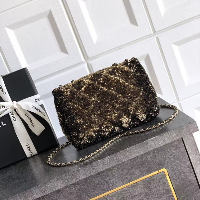 CC 20 SEQUINS FLAP BAG IN BLACK MIX BROWN