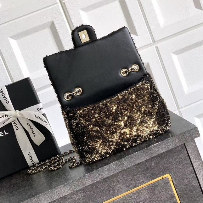 CC 20 SEQUINS FLAP BAG IN BLACK MIX BROWN
