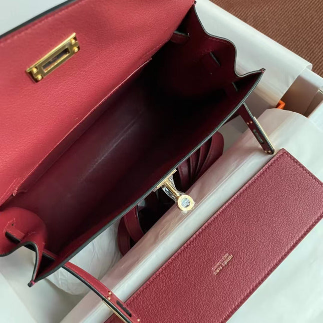 KELLY DANSE 22 IN BURGUNDY RED CALFSKIN GOLD HARDWARE