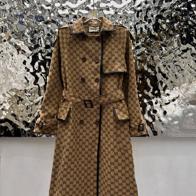 GG-JACQUARD COTTON-BLEND CANVAS TRENCH COAT WITH LEATHER TRIM