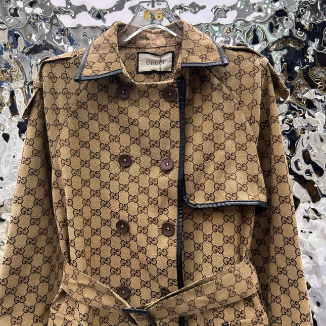 GG-JACQUARD COTTON-BLEND CANVAS TRENCH COAT WITH LEATHER TRIM