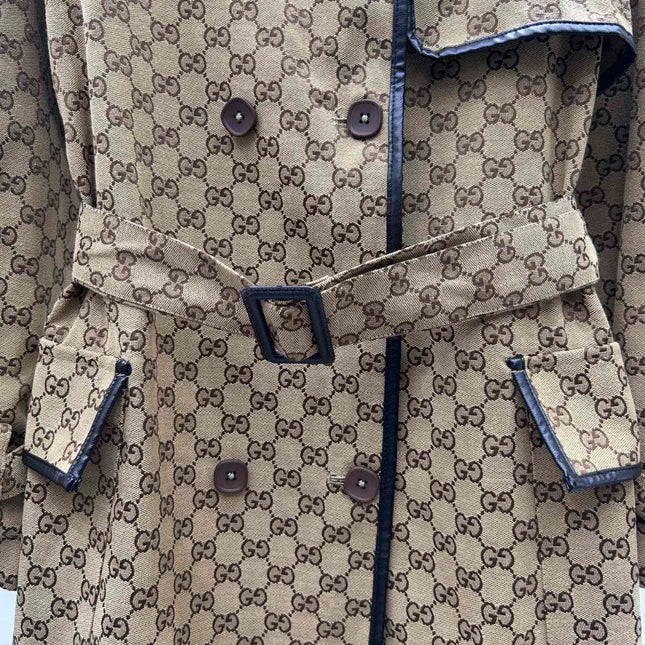 GG-JACQUARD COTTON-BLEND CANVAS TRENCH COAT WITH LEATHER TRIM