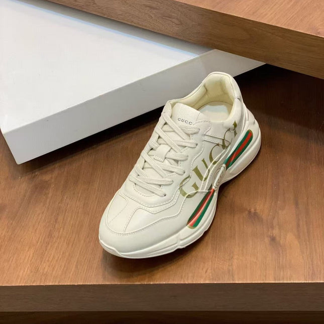 GG RHYTON LOGO-PRINT TRAINERS IN BEIGE CALFSKIN