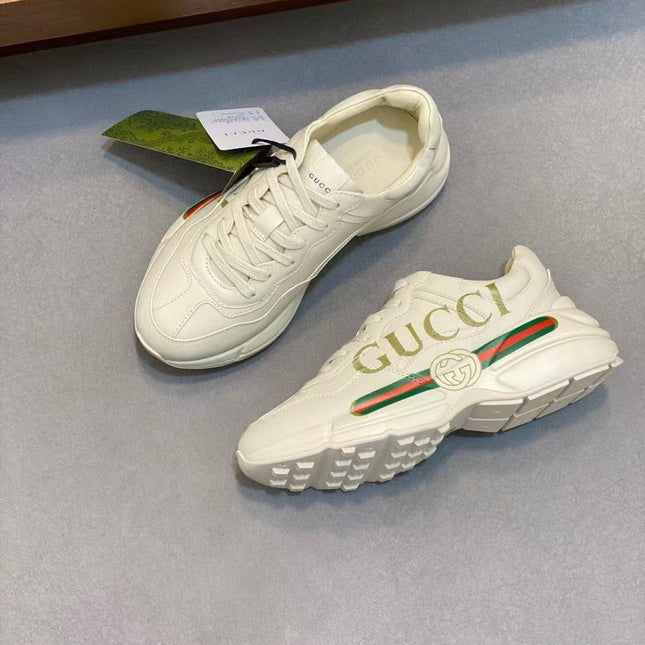 GG RHYTON LOGO-PRINT TRAINERS IN BEIGE CALFSKIN