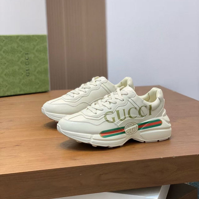 GG RHYTON LOGO-PRINT TRAINERS IN BEIGE CALFSKIN