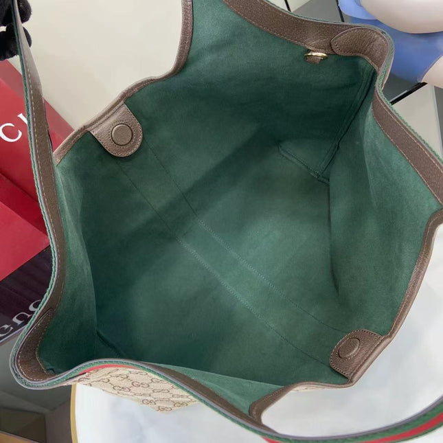 GUCCI GIGLIO TOTE BAG 60 IN BEIGE AND GREEN CANVAS