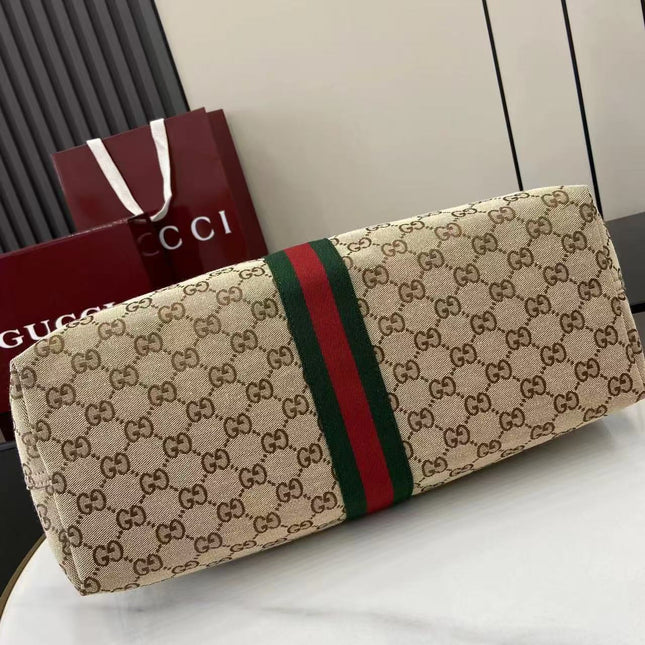 GUCCI GIGLIO TOTE BAG 60 IN BEIGE AND GREEN CANVAS
