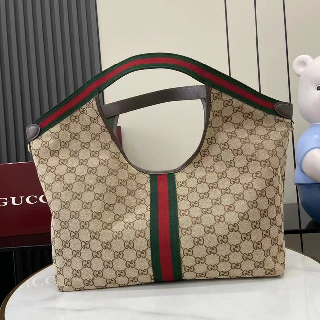 GUCCI GIGLIO TOTE BAG 60 IN BEIGE AND GREEN CANVAS