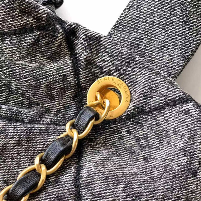 CC MAXI BOW BAG 38 IN BLACK DENIM WITH GOLD HARDWARE