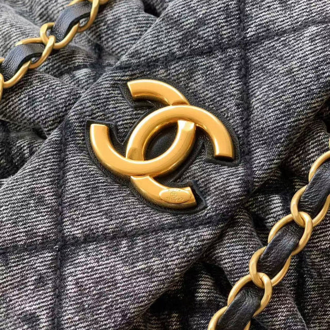 CC MAXI BOW BAG 38 IN BLACK DENIM WITH GOLD HARDWARE