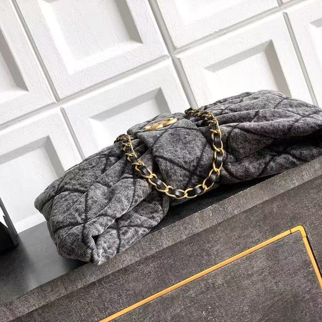 CC MAXI BOW BAG 38 IN BLACK DENIM WITH GOLD HARDWARE