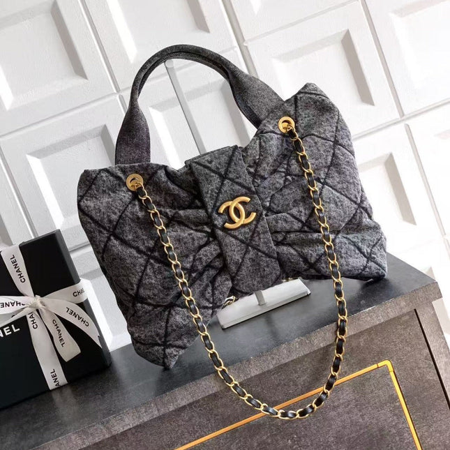 CC MAXI BOW BAG 38 IN BLACK DENIM WITH GOLD HARDWARE