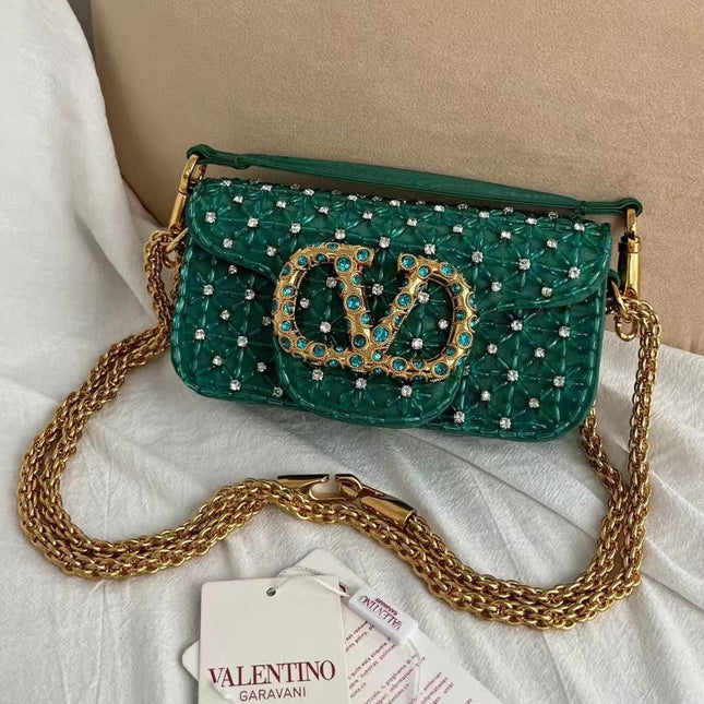 VALENTINO GARAVANI SMALL SHOULDER BAG IN GREEN EMBROIDERY FABRIC