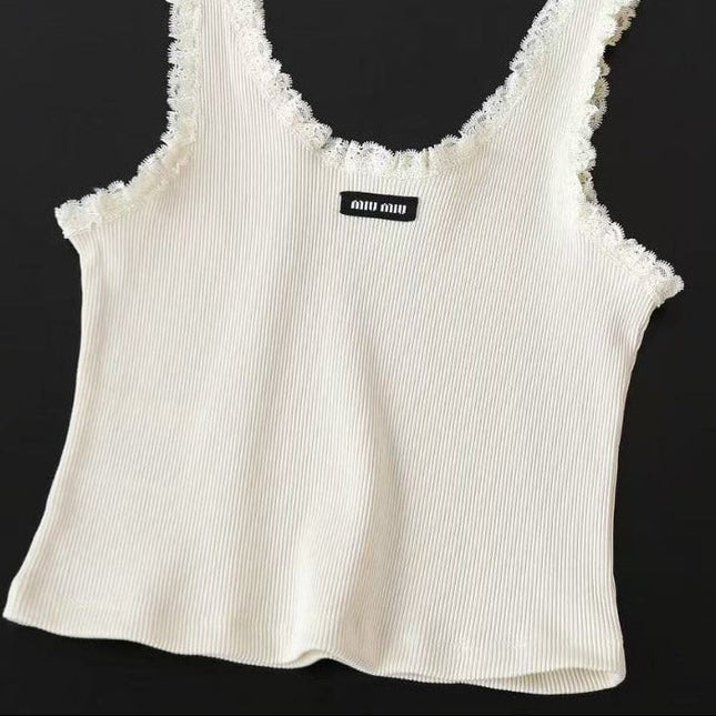 MIU MIU LACE-TRIM TANK TOP IN WHITE