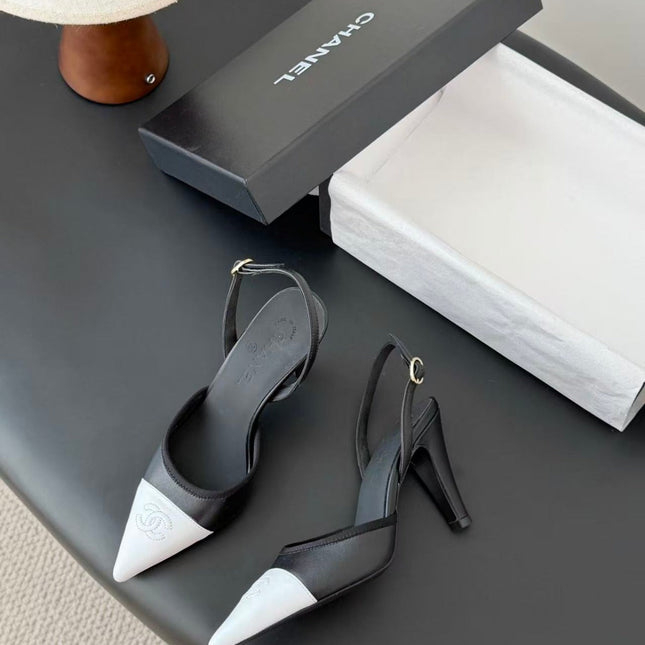 CHANEL POINTED TOE SLINGBACK PUMPS IN BLACK AND WHITE CALFSKIN
